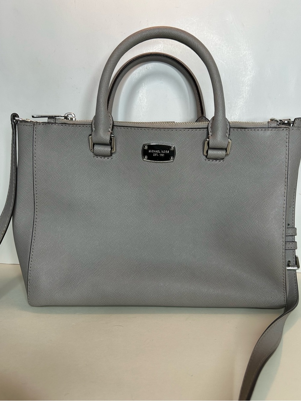 Michael Kors Light Gray Saffiano Satchel with Detachable Strap